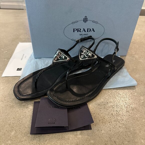 Prada Leather logo Sandals 39.5  $900 Lg triangle emblem with Box - Picture 2 of 7